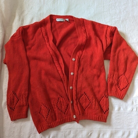 Vintage Sweaters Vintage Chunky Cable Knit Tangerine Orange Grandma